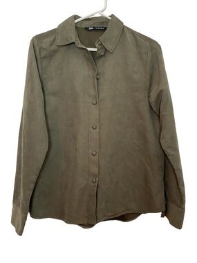 Zara Suede Texture Shirt Womens Size Small Button Down Long Sleeve Green Vegan